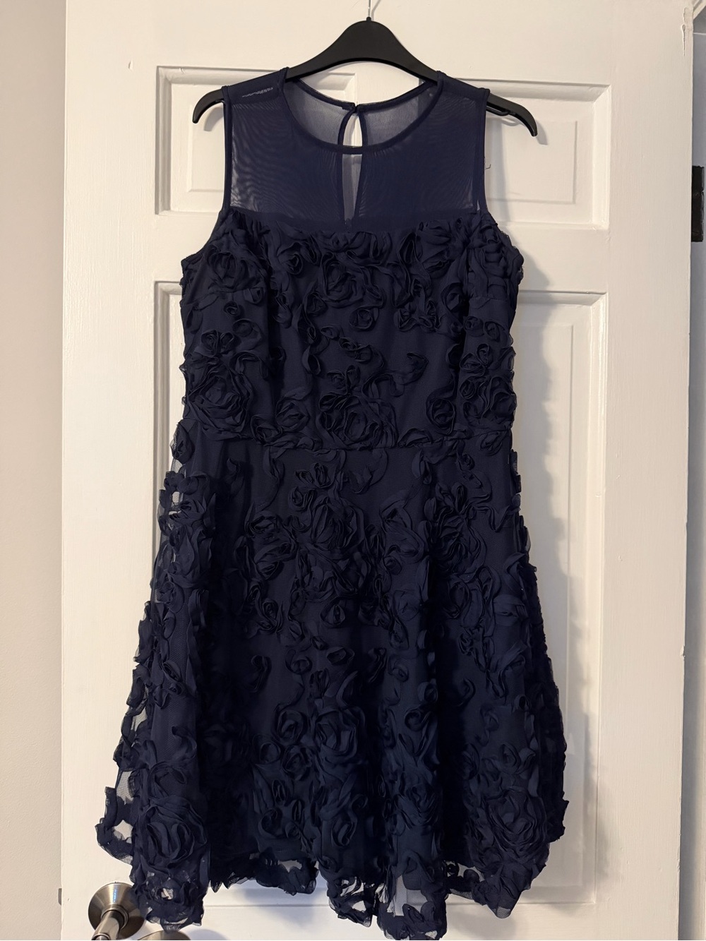 ECI Navy Rosette Mesh Yoke Party Dress